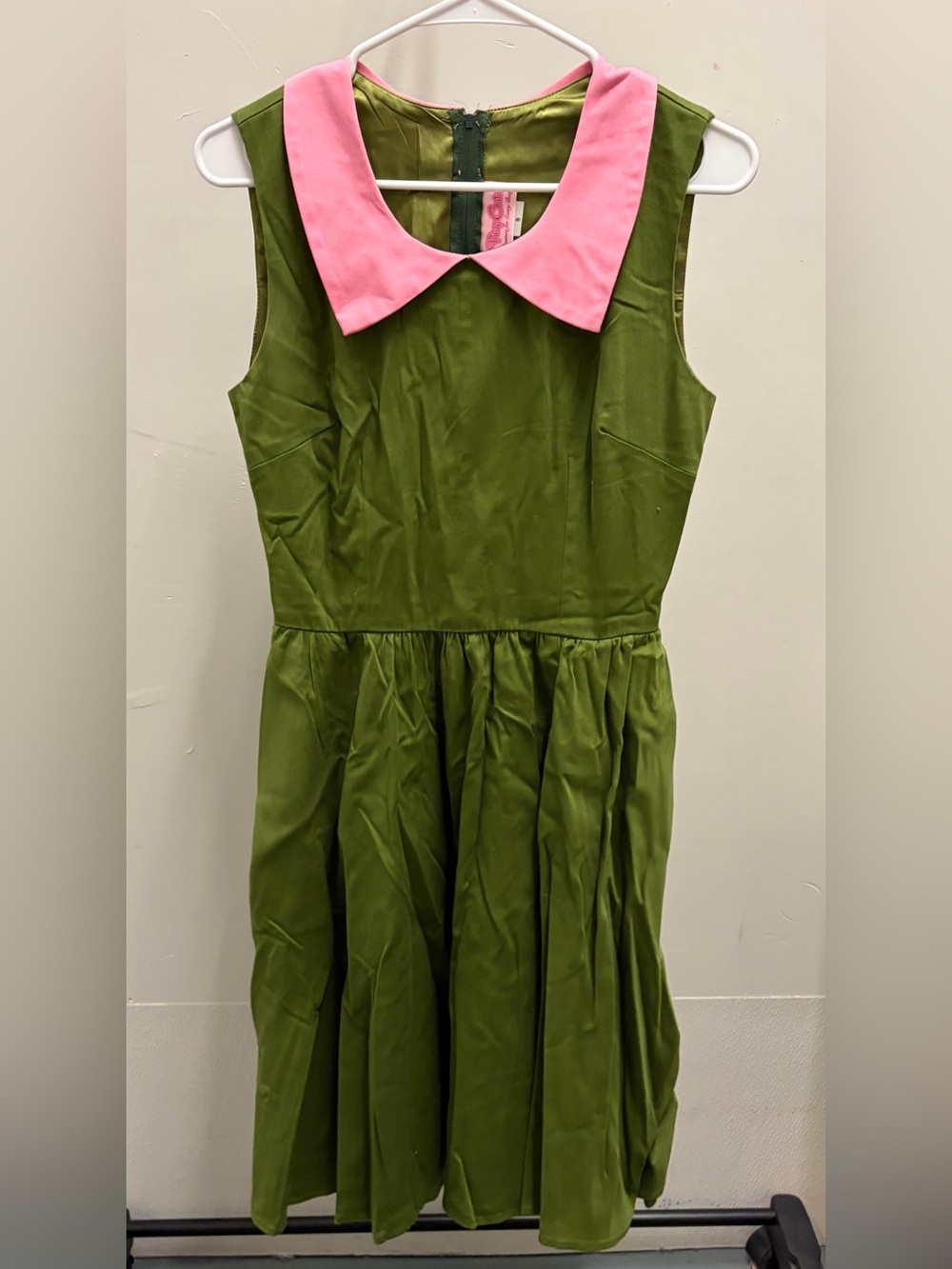 Pinup Couture Olive Green Sleeveless Dress with Pink Peter Pan Collar